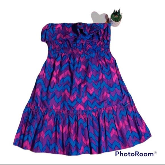 OP strapless summer abstract print dress with ruffle - Picture 4 of 5